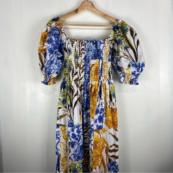 INC BOHO Phoebe Patch Printed Smocked Tiered Puff Sleeve Flowy Maxi Dress Medium - Picture 3 of 11